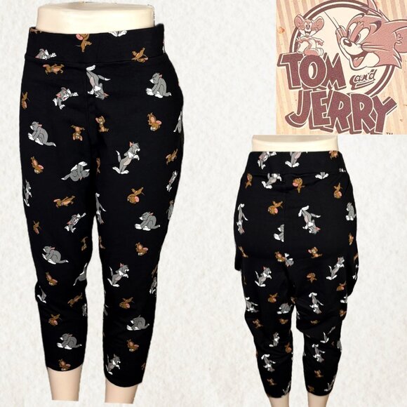 Warner Bros +4 Black Stretch High Waist Tom and Jerry Graphic Cotton Crop Pants - Picture 1 of 6